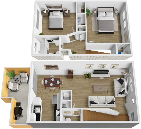 A top-down view of a modern apartment with a kitchen, living room, and bedroom.